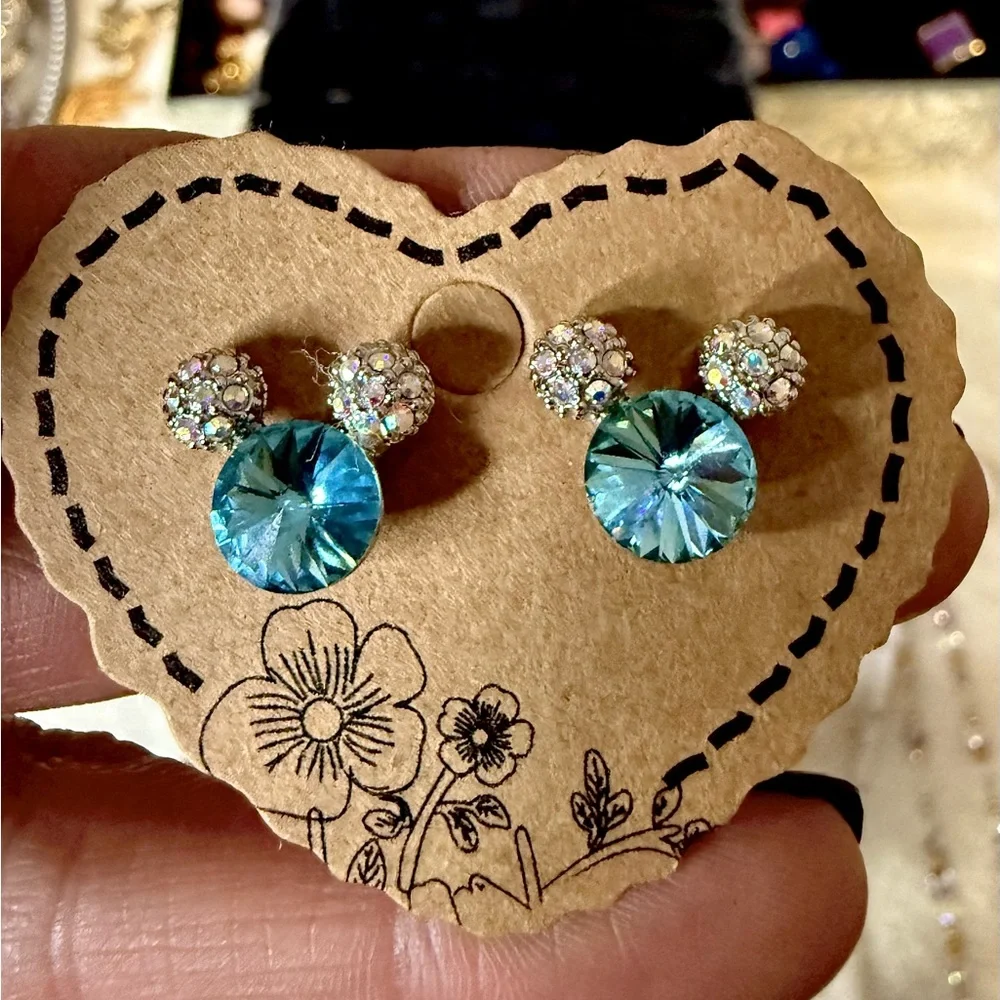 Disney Minnie Mickey Mouse Earrings Rivoli Blue Topaz, & AB Crystal Studs - Picture 2 of 5